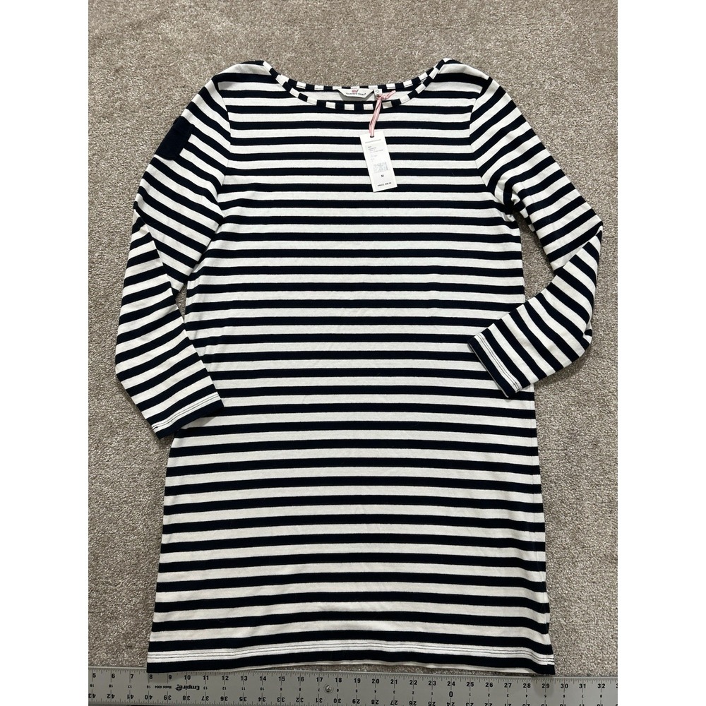 Vineyard Vines Cotton Knit  Striped Deep Bay Navy/White Long Sleeve Dress NWT